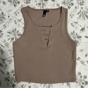 Garage Tan Rhinestone V Cut Cropped Tank Top